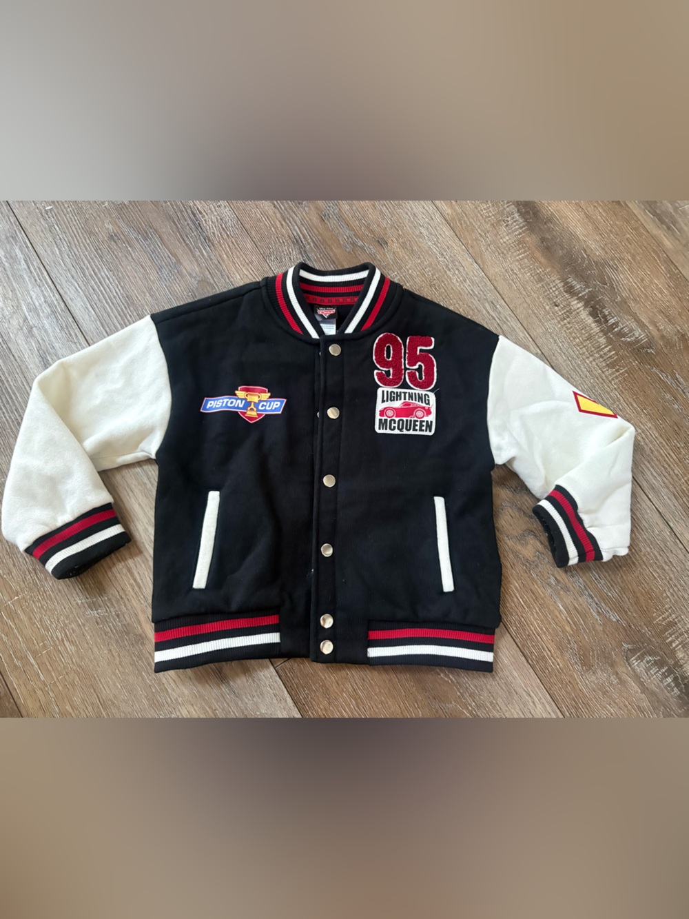 Disney car lightning McQueen Black and White Kids Varsity Jacket with Red Trim